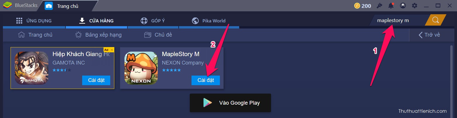 Tìm và cài đặt game Maplestory bằng khung tìm kiếm của BlueStacks